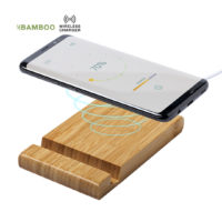 Cargador inalambrico bambu con soporte con logotipo